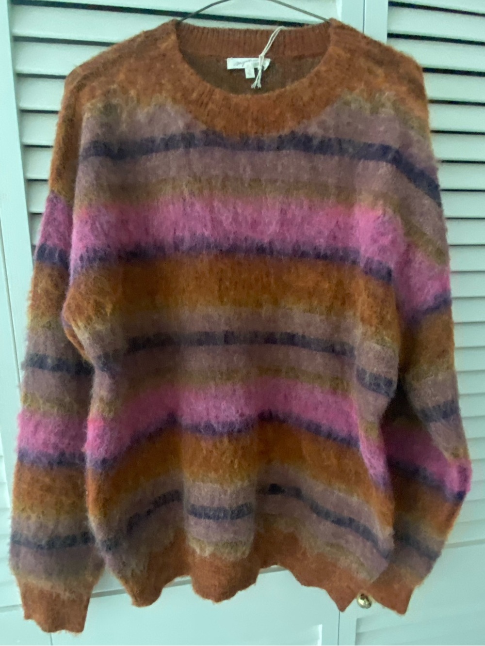 Mystree Fuzzy Striped Crewneck Sweater in Brown, Pink & Purple